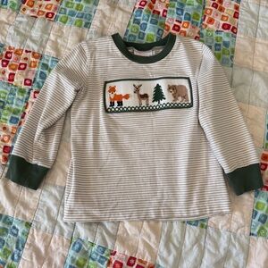 Striped Smocked Forest Animals Long-Sleeve Tee - Green Trim